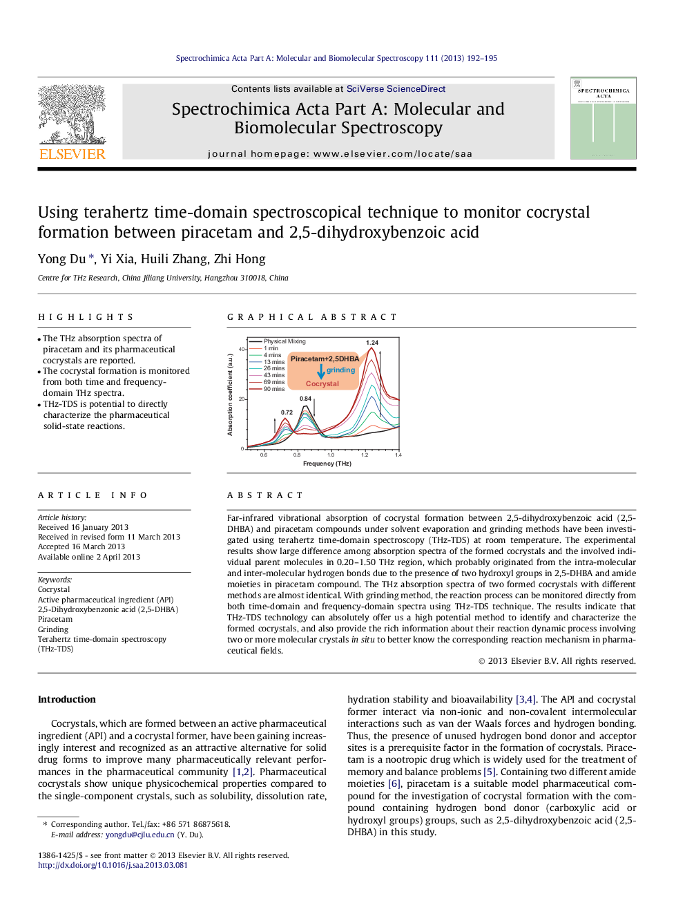 Using terahertz time-domain spectroscopical technique to monitor cocrystal formation between piracetam and 2,5-dihydroxybenzoic acid