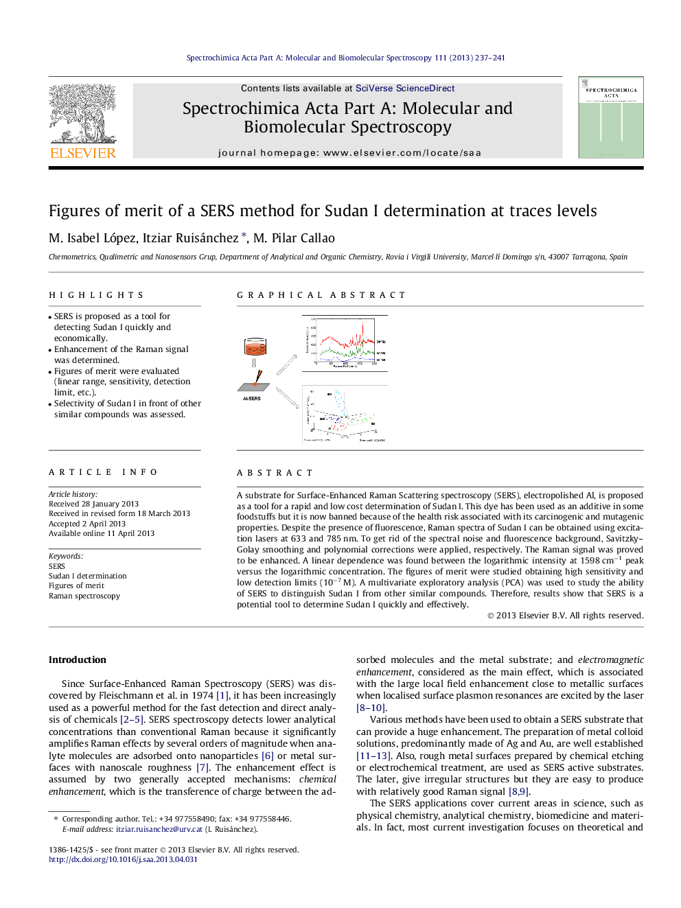 Figures of merit of a SERS method for Sudan I determination at traces levels