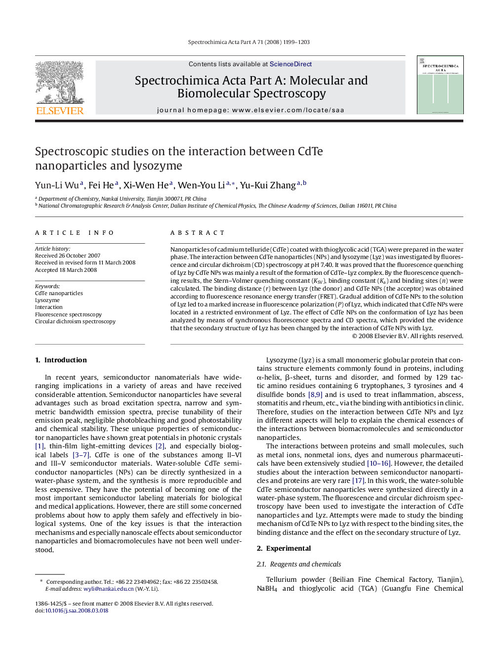 Spectroscopic studies on the interaction between CdTe nanoparticles and lysozyme