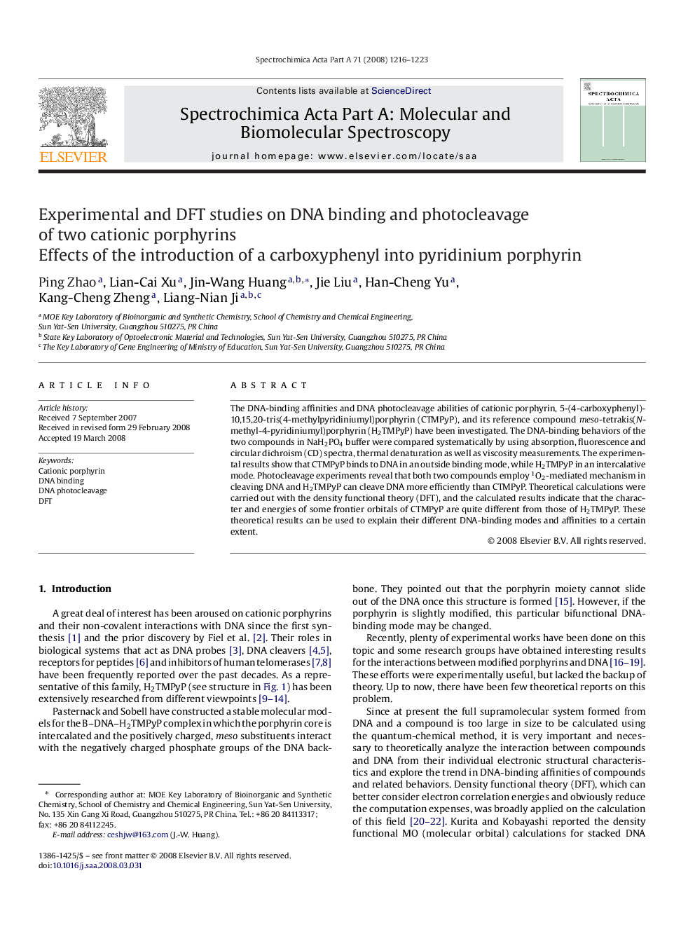 Experimental and DFT studies on DNA binding and photocleavage of two cationic porphyrins