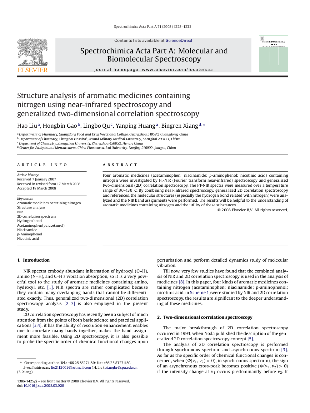 عکس صفحه اول مقاله: Structure analysis of aromatic medicines containing nitrogen using near-infrared spectroscopy and generalized two-dimensional correlation spectroscopy Structure analysis of aromatic medicines containing nitrogen using near-infrared spectroscopy and generalized two-dimensional correlation spectroscopy