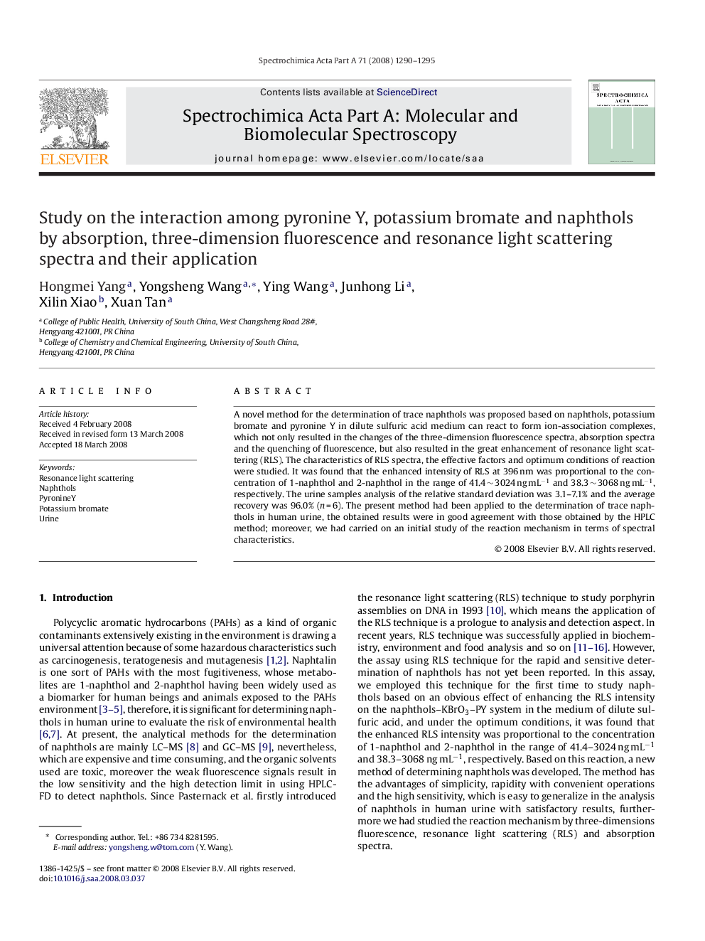 Study on the interaction among pyronine Y, potassium bromate and naphthols by absorption, three-dimension fluorescence and resonance light scattering spectra and their application