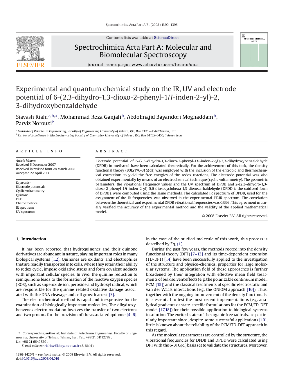 Experimental and quantum chemical study on the IR, UV and electrode potential of 6-(2,3-dihydro-1,3-dioxo-2-phenyl-1H-inden-2-yl)-2,3-dihydroxybenzaldehyde