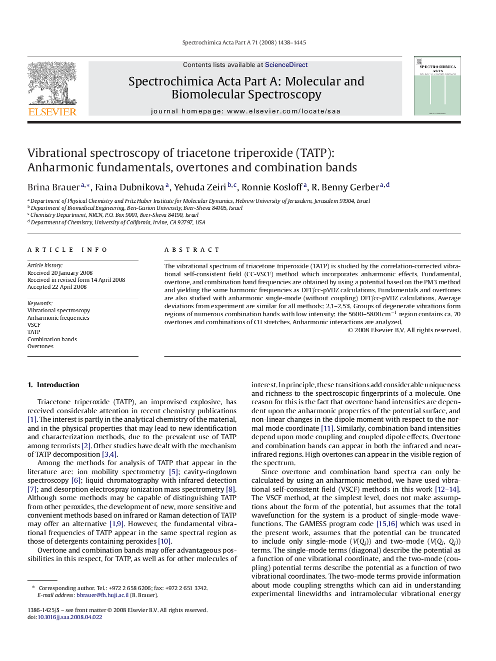 Vibrational spectroscopy of triacetone triperoxide (TATP): Anharmonic fundamentals, overtones and combination bands