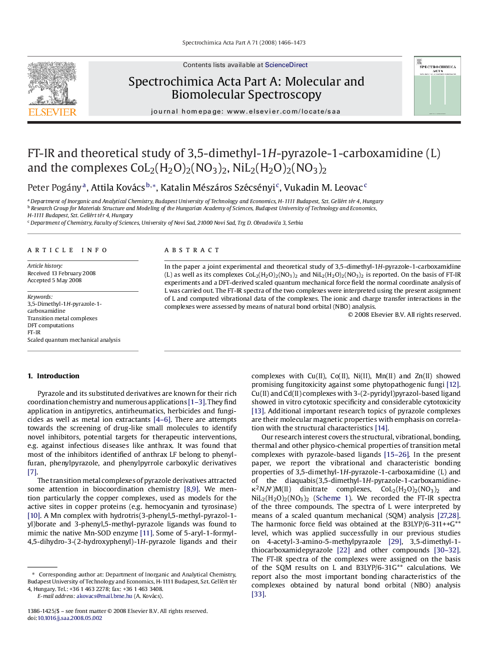 FT-IR and theoretical study of 3,5-dimethyl-1H-pyrazole-1-carboxamidine (L) and the complexes CoL2(H2O)2(NO3)2, NiL2(H2O)2(NO3)2