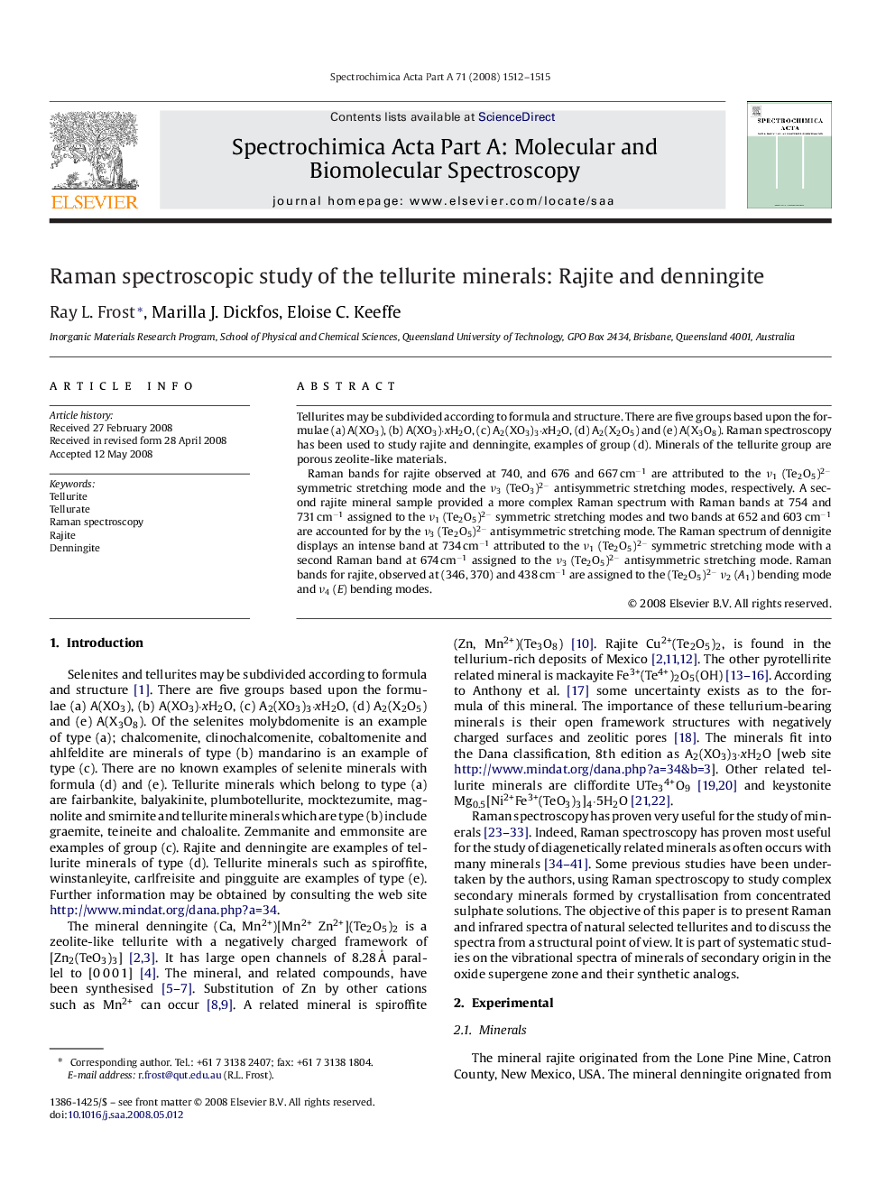 Raman spectroscopic study of the tellurite minerals: Rajite and denningite