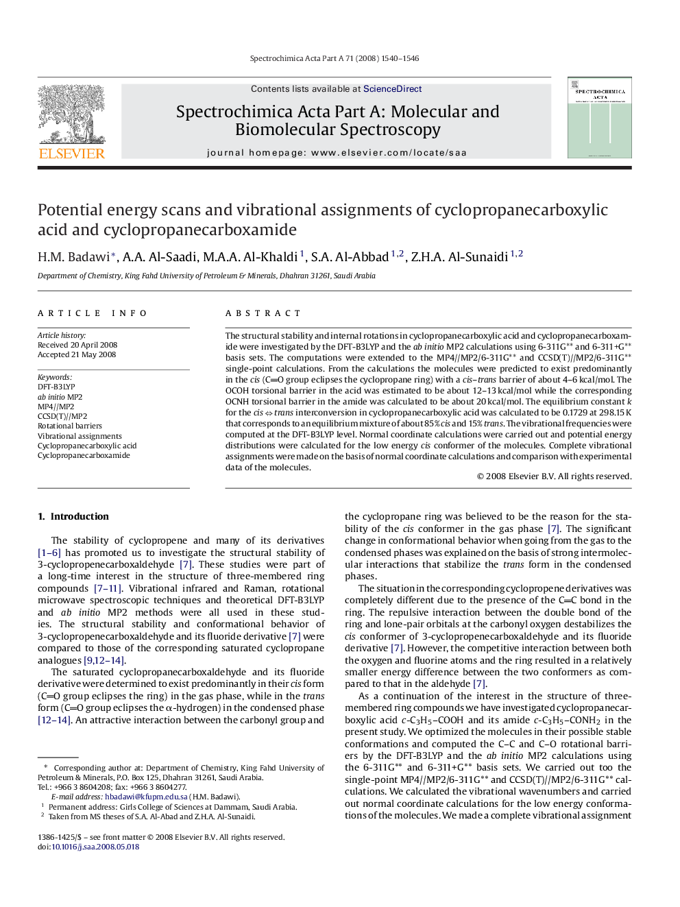 Potential energy scans and vibrational assignments of cyclopropanecarboxylic acid and cyclopropanecarboxamide