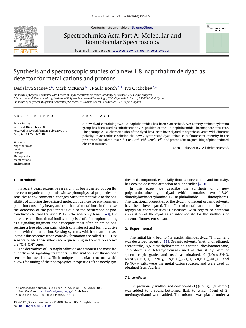 Synthesis and spectroscopic studies of a new 1,8-naphthalimide dyad as detector for metal cations and protons