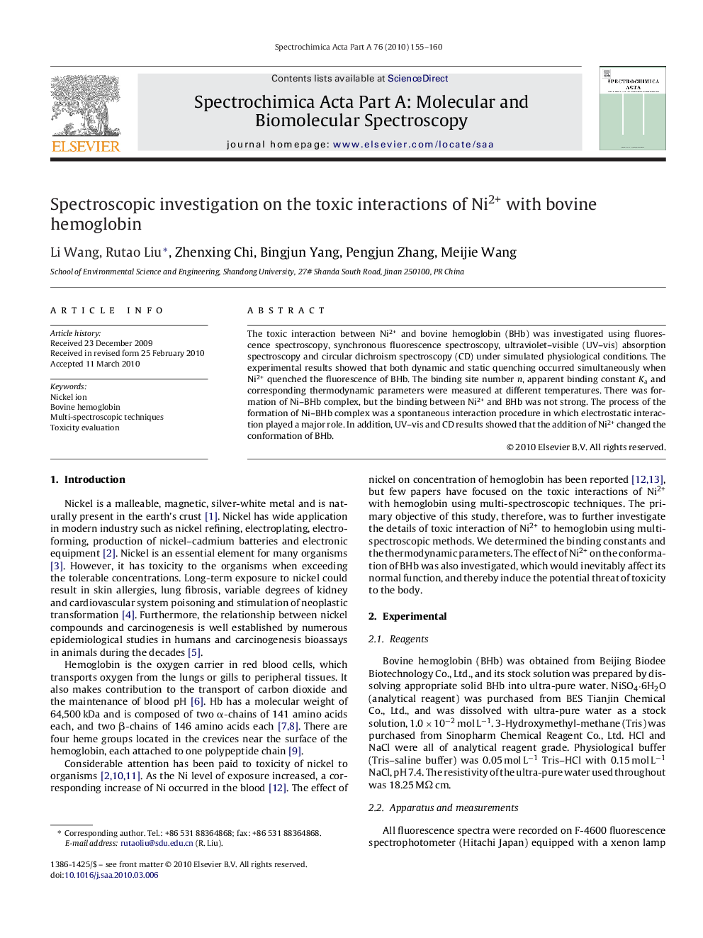 Spectroscopic investigation on the toxic interactions of Ni2+ with bovine hemoglobin