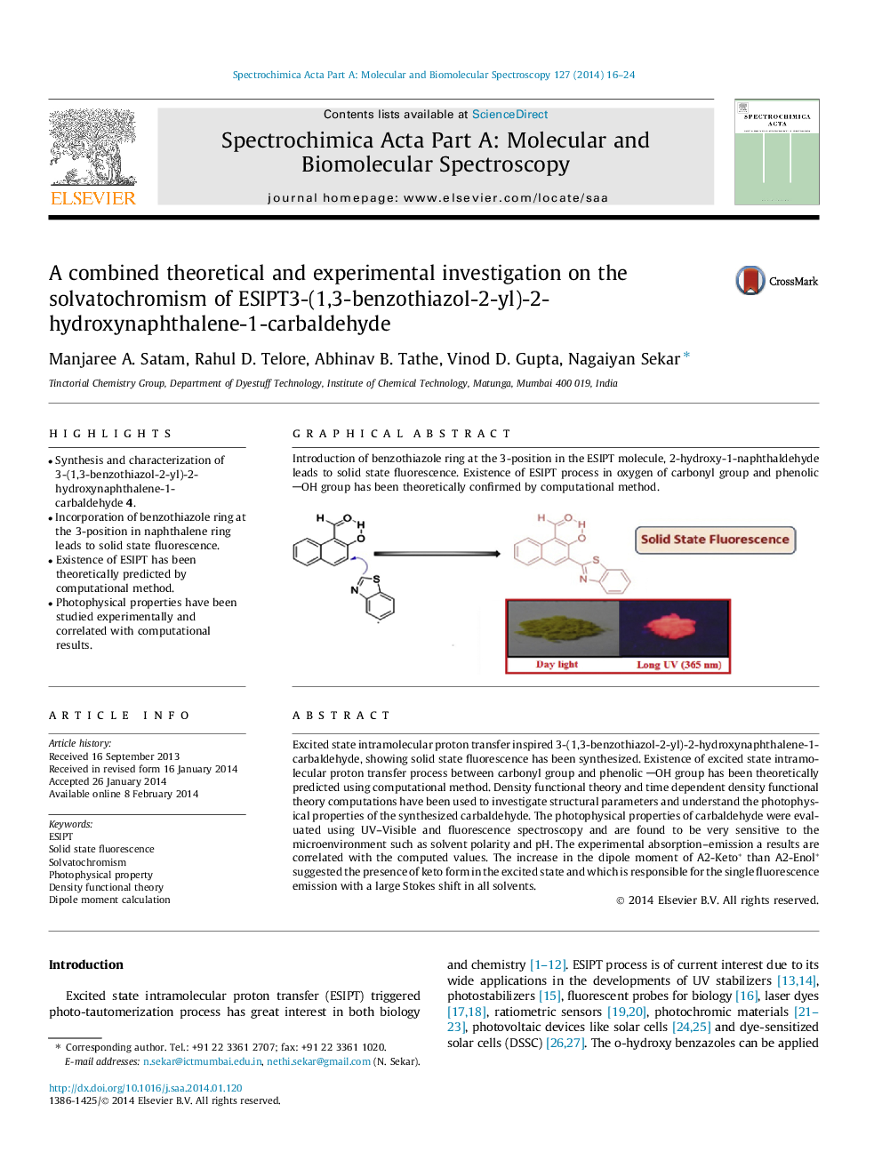 A combined theoretical and experimental investigation on the solvatochromism of ESIPT3-(1,3-benzothiazol-2-yl)-2-hydroxynaphthalene-1-carbaldehyde