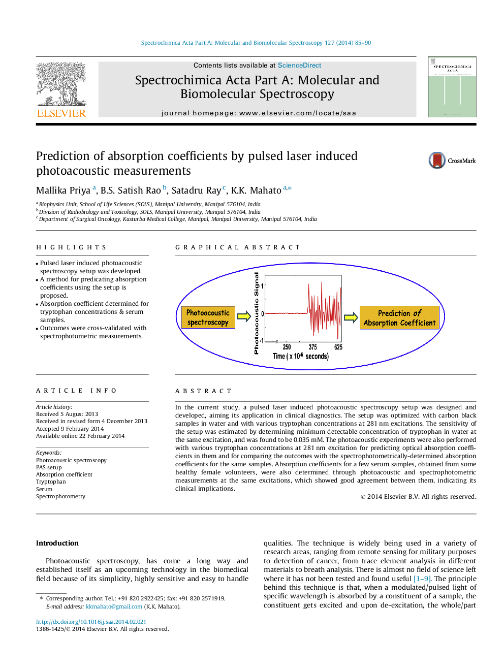 Prediction of absorption coefficients by pulsed laser induced photoacoustic measurements