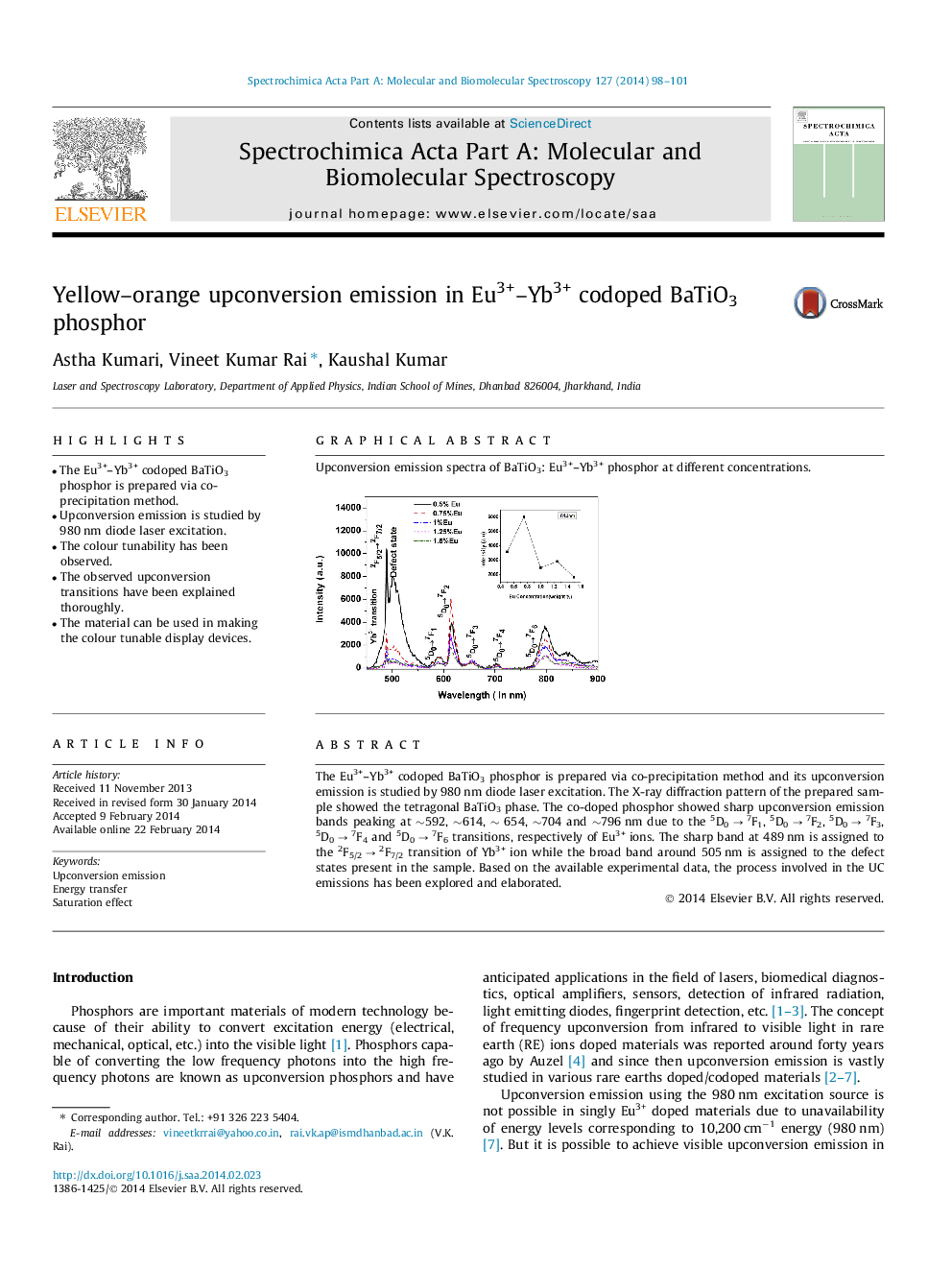 Yellow–orange upconversion emission in Eu3+–Yb3+ codoped BaTiO3 phosphor