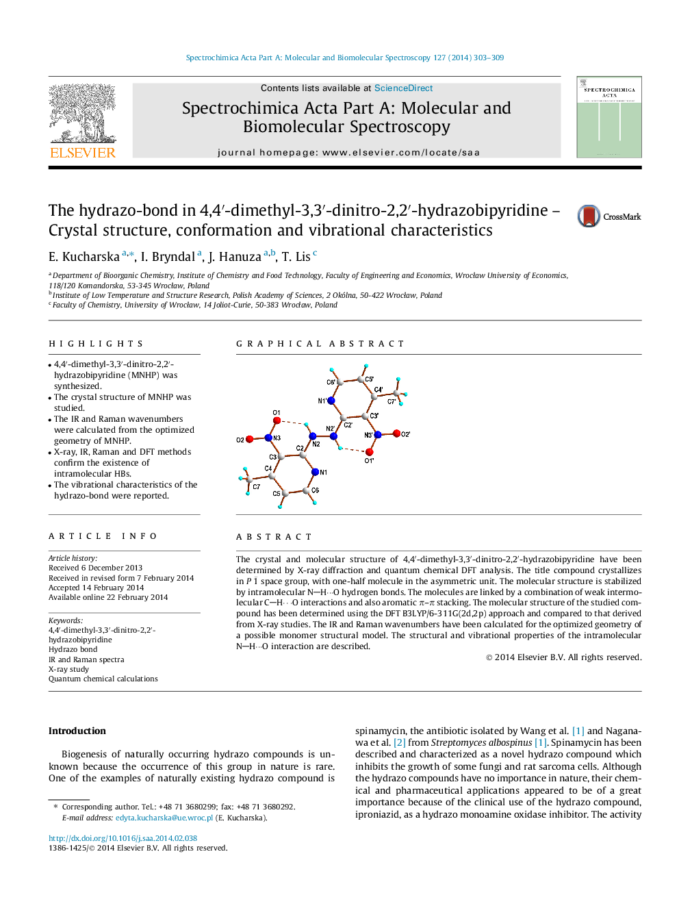 The hydrazo-bond in 4,4â²-dimethyl-3,3â²-dinitro-2,2â²-hydrazobipyridine - Crystal structure, conformation and vibrational characteristics