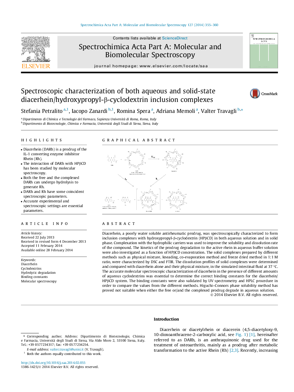 Spectroscopic characterization of both aqueous and solid-state diacerhein/hydroxypropyl-β-cyclodextrin inclusion complexes