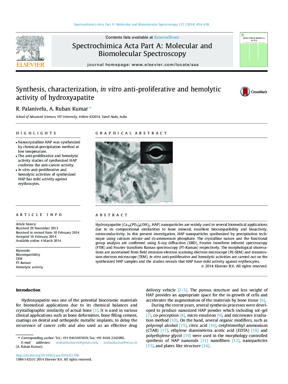 Synthesis, characterization, in vitro anti-proliferative and hemolytic activity of hydroxyapatite