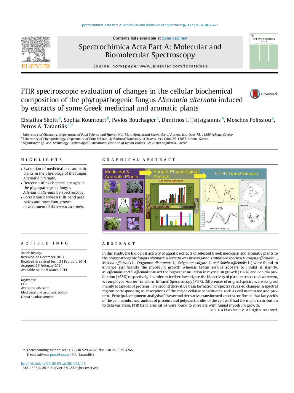 FTIR spectroscopic evaluation of changes in the cellular biochemical composition of the phytopathogenic fungus Alternaria alternata induced by extracts of some Greek medicinal and aromatic plants