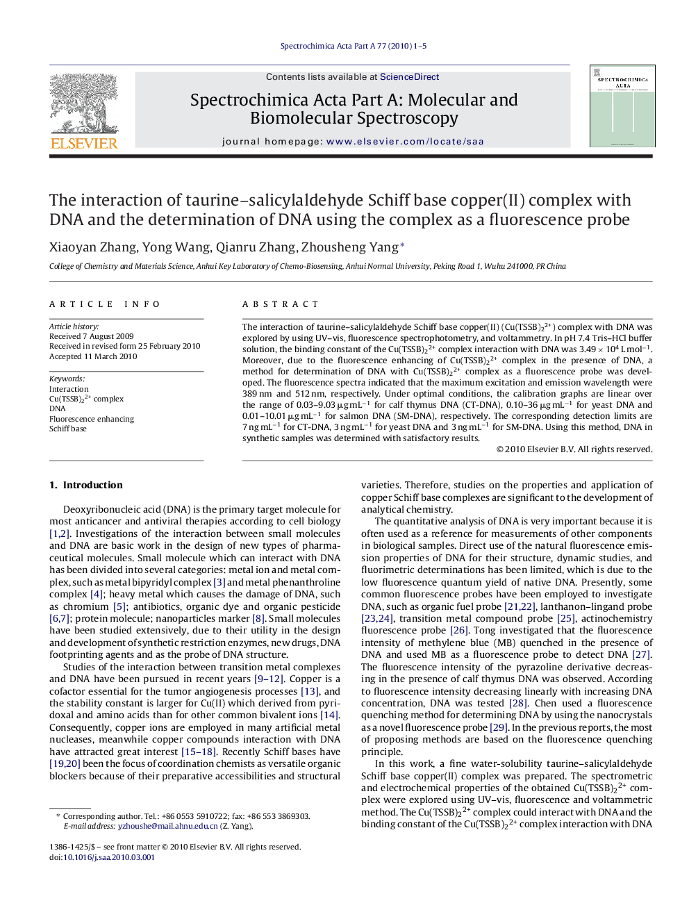 The interaction of taurine–salicylaldehyde Schiff base copper(II) complex with DNA and the determination of DNA using the complex as a fluorescence probe