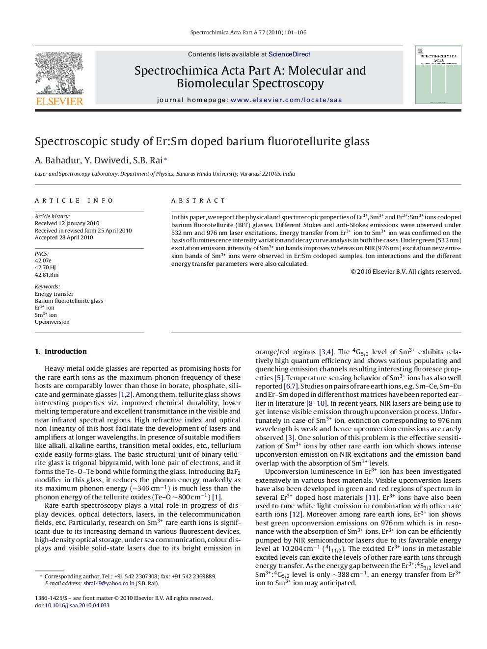 Spectroscopic study of Er:Sm doped barium fluorotellurite glass