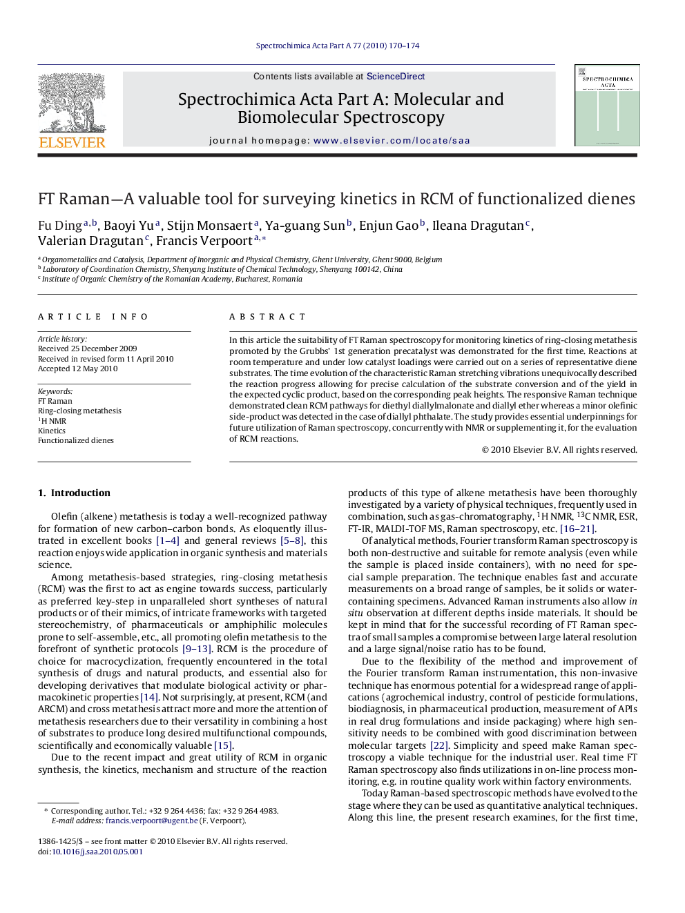 FT Raman—A valuable tool for surveying kinetics in RCM of functionalized dienes