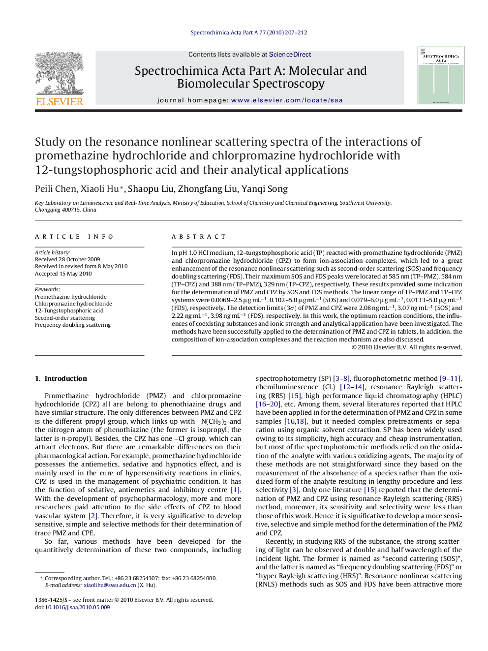 Study on the resonance nonlinear scattering spectra of the interactions of promethazine hydrochloride and chlorpromazine hydrochloride with 12-tungstophosphoric acid and their analytical applications