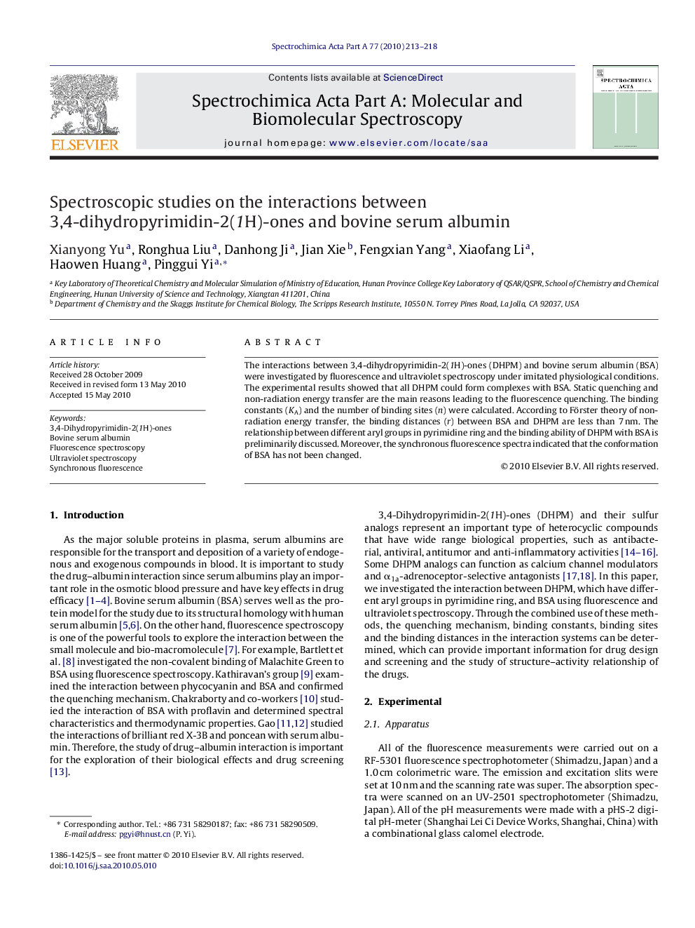 Spectroscopic studies on the interactions between 3,4-dihydropyrimidin-2(1H)-ones and bovine serum albumin