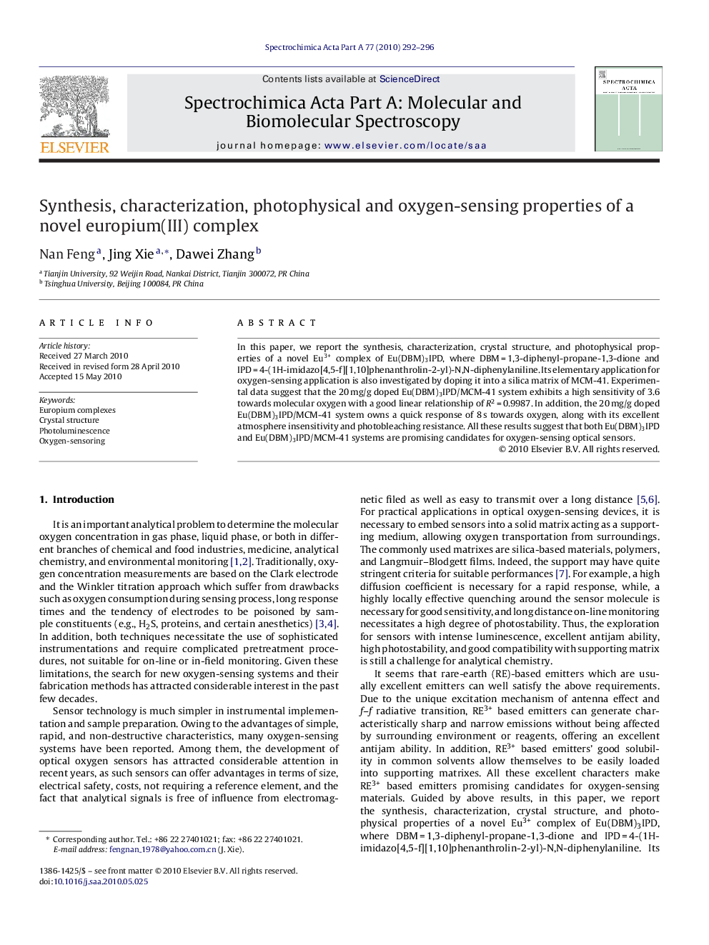 Synthesis, characterization, photophysical and oxygen-sensing properties of a novel europium(III) complex