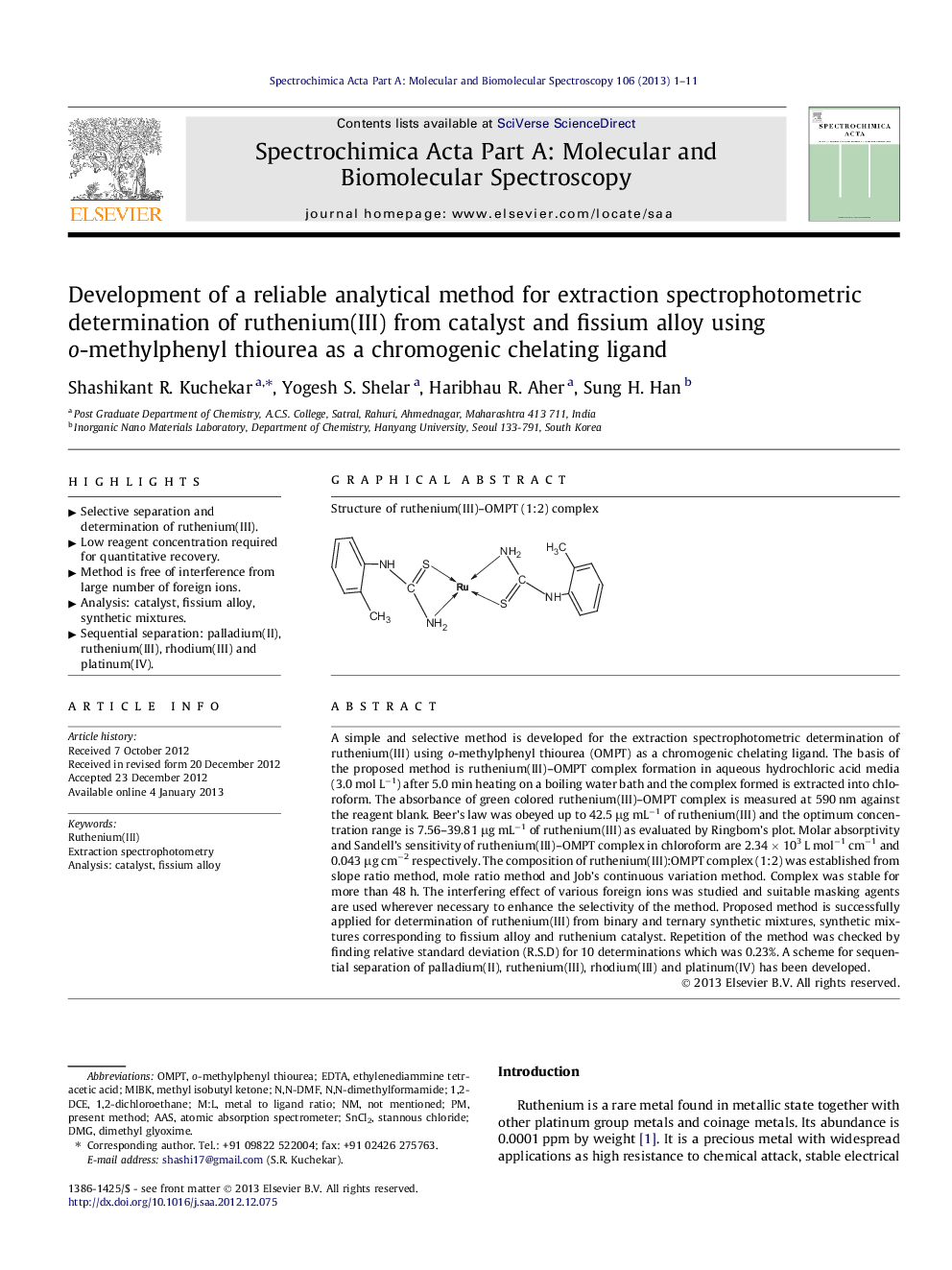 Development of a reliable analytical method for extraction spectrophotometric determination of ruthenium(III) from catalyst and fissium alloy using o-methylphenyl thiourea as a chromogenic chelating ligand