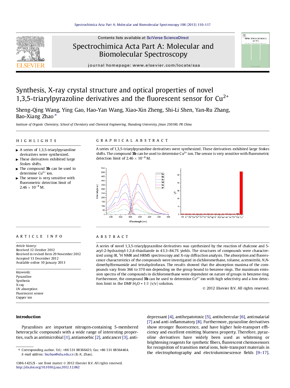 Synthesis, X-ray crystal structure and optical properties of novel 1,3,5-triarylpyrazoline derivatives and the fluorescent sensor for Cu2+