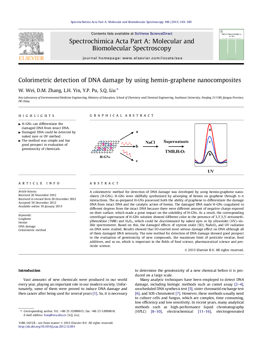 Colorimetric detection of DNA damage by using hemin-graphene nanocomposites
