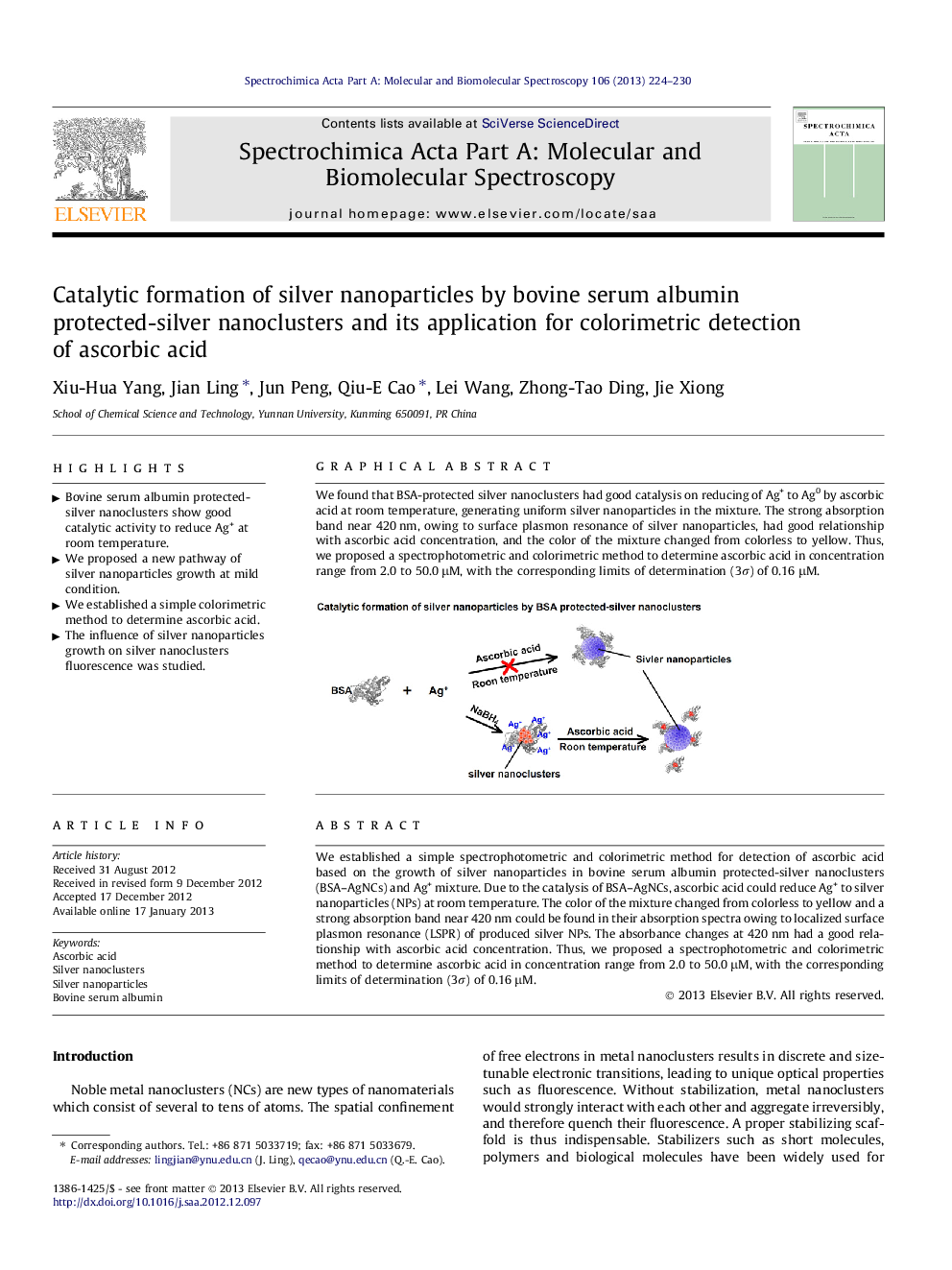 Catalytic formation of silver nanoparticles by bovine serum albumin protected-silver nanoclusters and its application for colorimetric detection of ascorbic acid