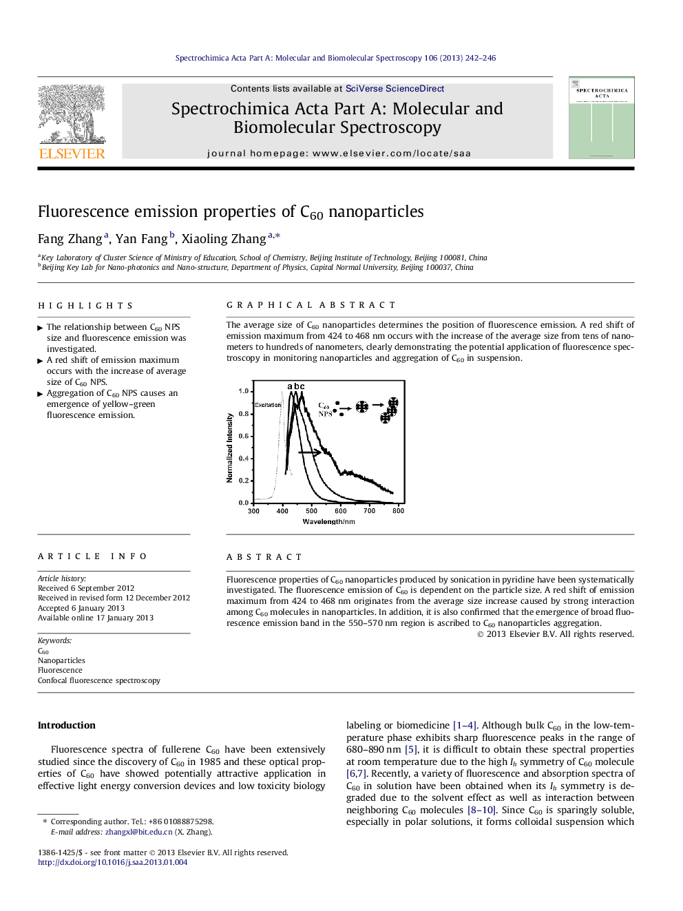 Fluorescence emission properties of C60 nanoparticles