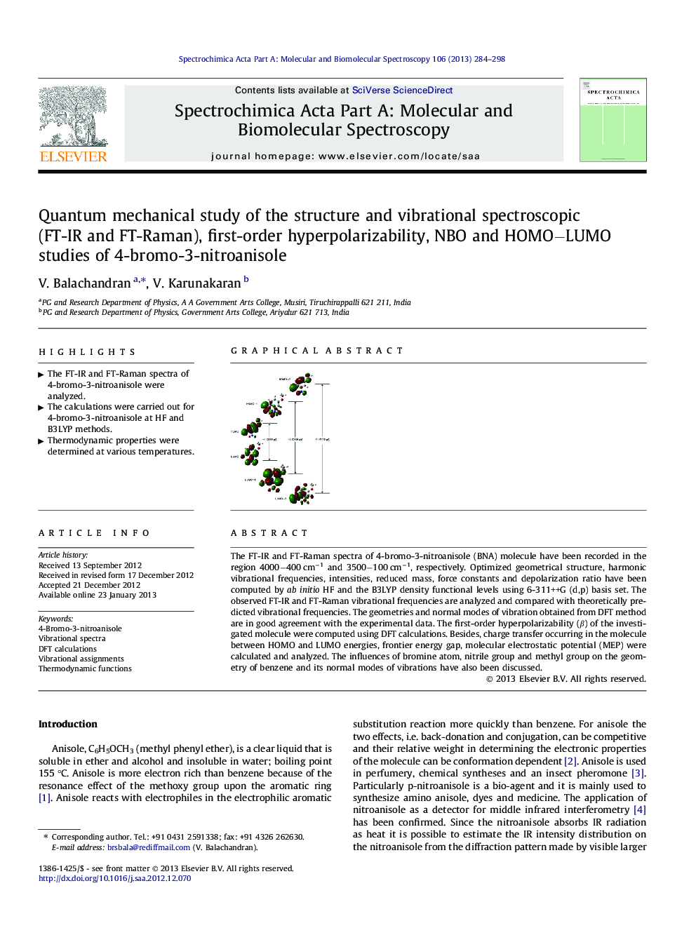 Quantum mechanical study of the structure and vibrational spectroscopic (FT-IR and FT-Raman), first-order hyperpolarizability, NBO and HOMOâLUMO studies of 4-bromo-3-nitroanisole