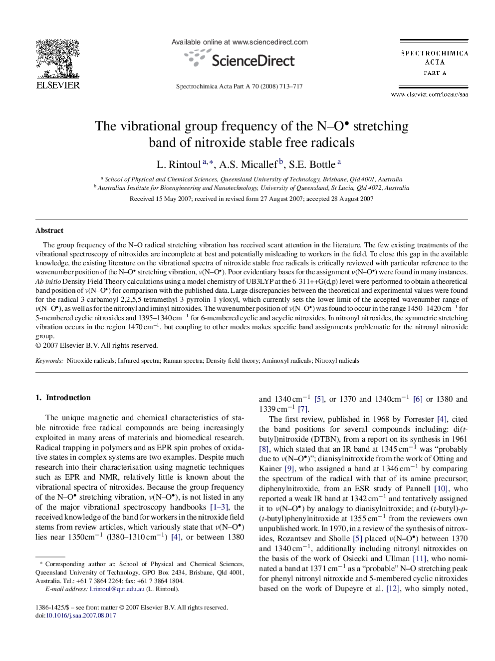 The vibrational group frequency of the N–O stretching band of nitroxide stable free radicals