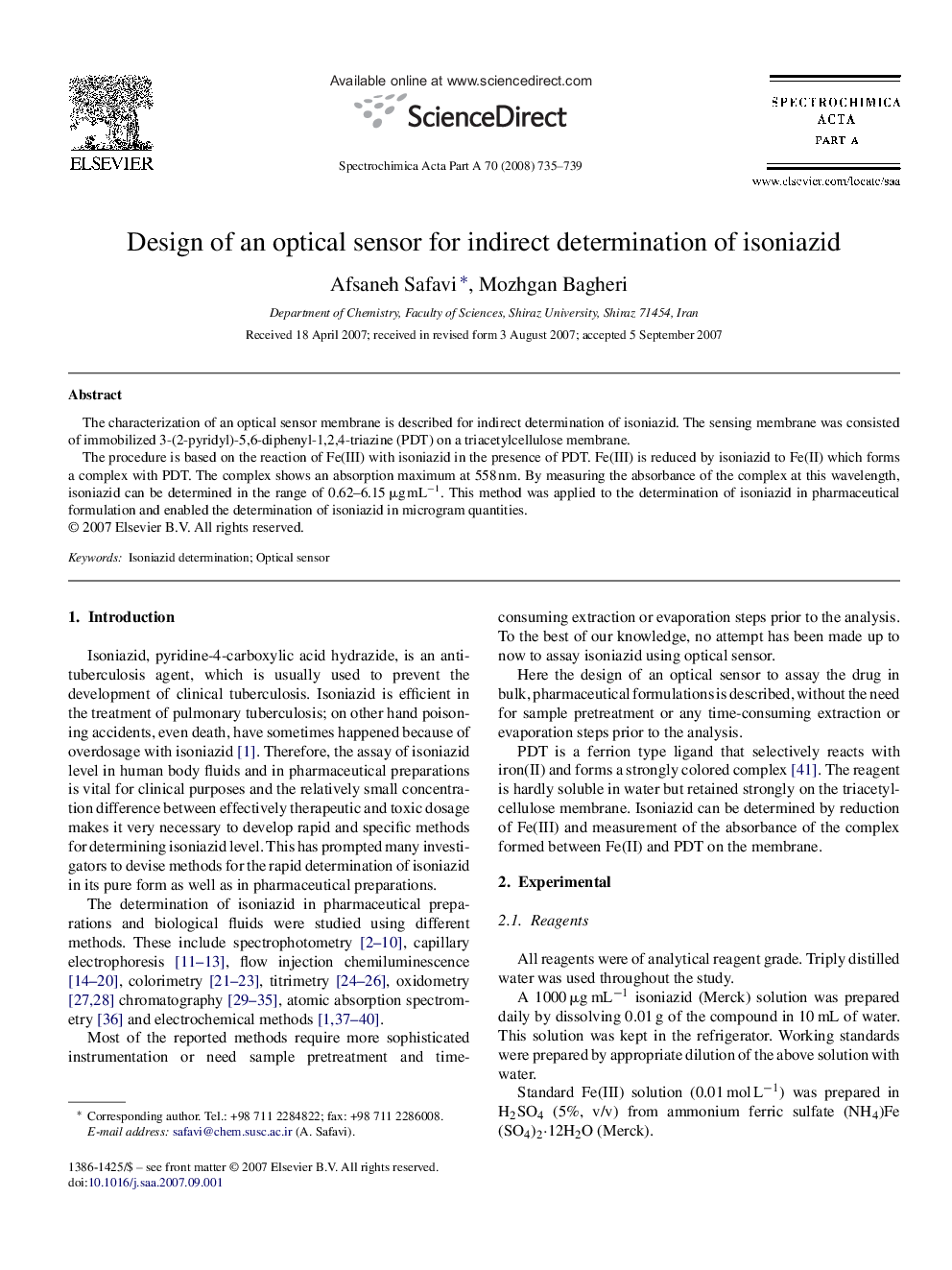 Design of an optical sensor for indirect determination of isoniazid