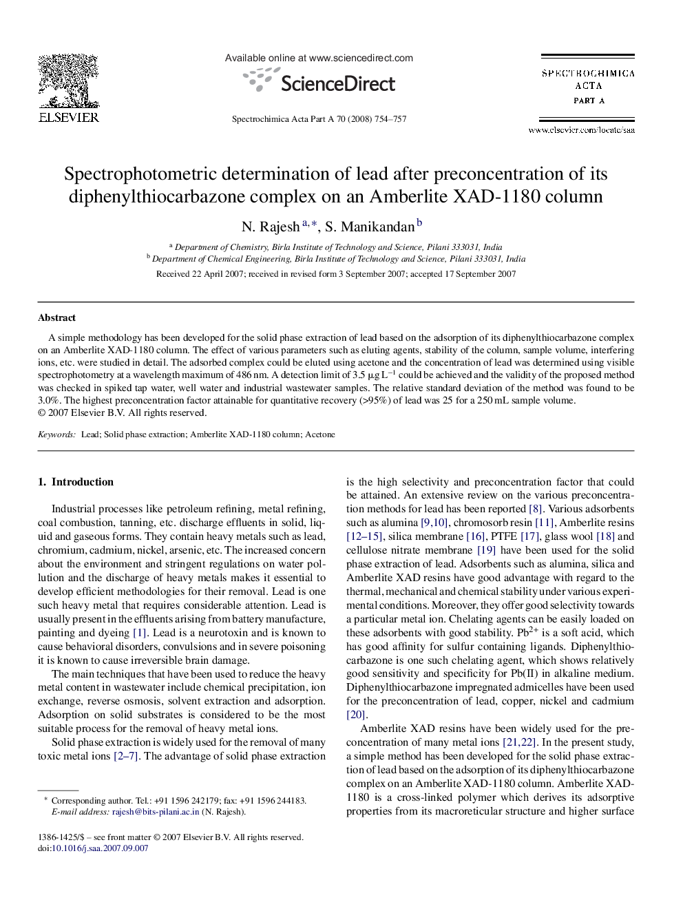 Spectrophotometric determination of lead after preconcentration of its diphenylthiocarbazone complex on an Amberlite XAD-1180 column