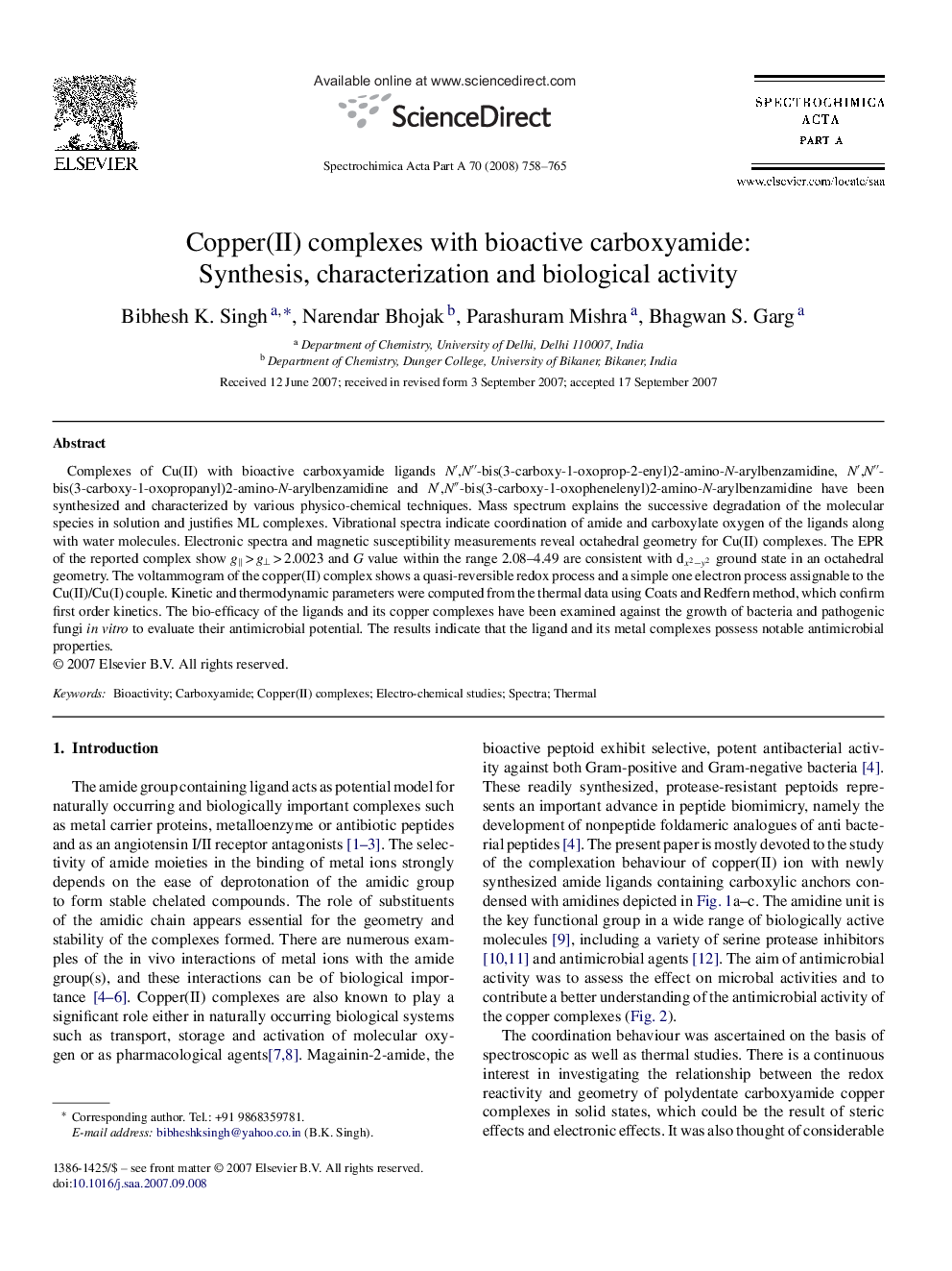 Copper(II) complexes with bioactive carboxyamide: Synthesis, characterization and biological activity