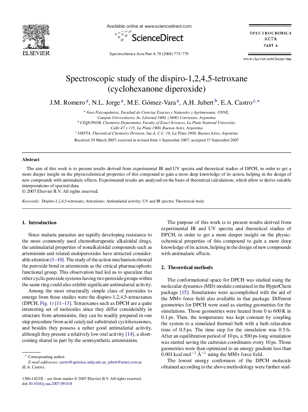 Spectroscopic study of the dispiro-1,2,4,5-tetroxane (cyclohexanone diperoxide)