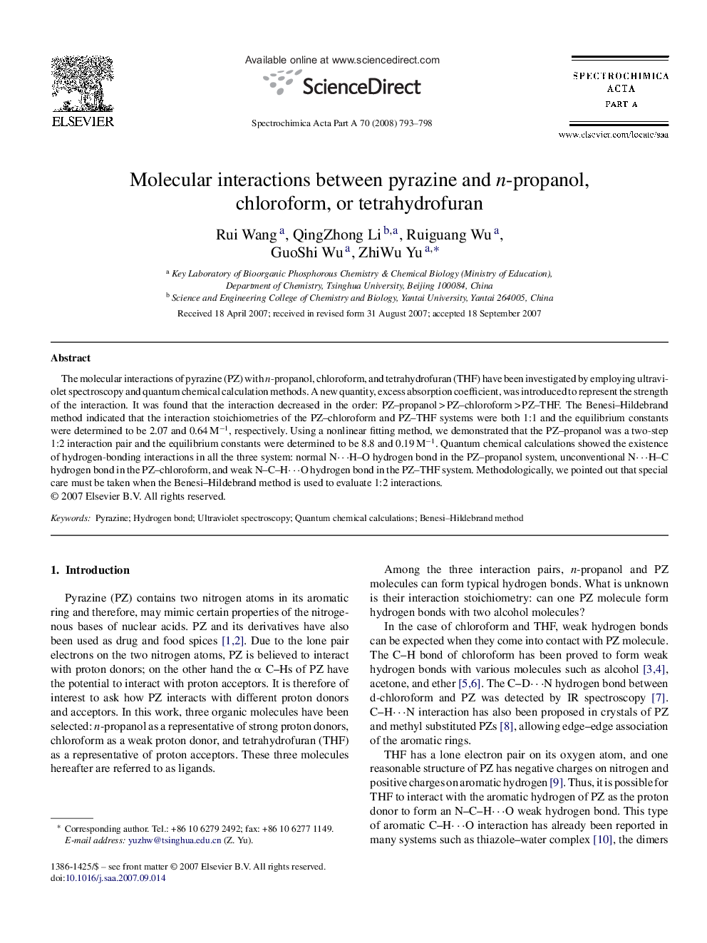 Molecular interactions between pyrazine and n-propanol, chloroform, or tetrahydrofuran