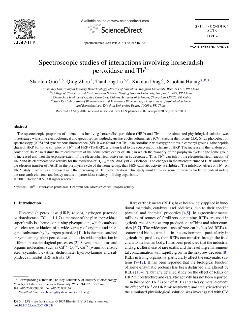 Spectroscopic studies of interactions involving horseradish peroxidase and Tb3+