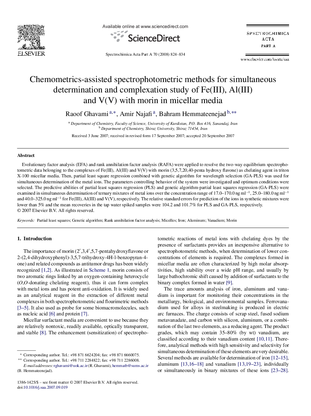 Chemometrics-assisted spectrophotometric methods for simultaneous determination and complexation study of Fe(III), Al(III) and V(V) with morin in micellar media