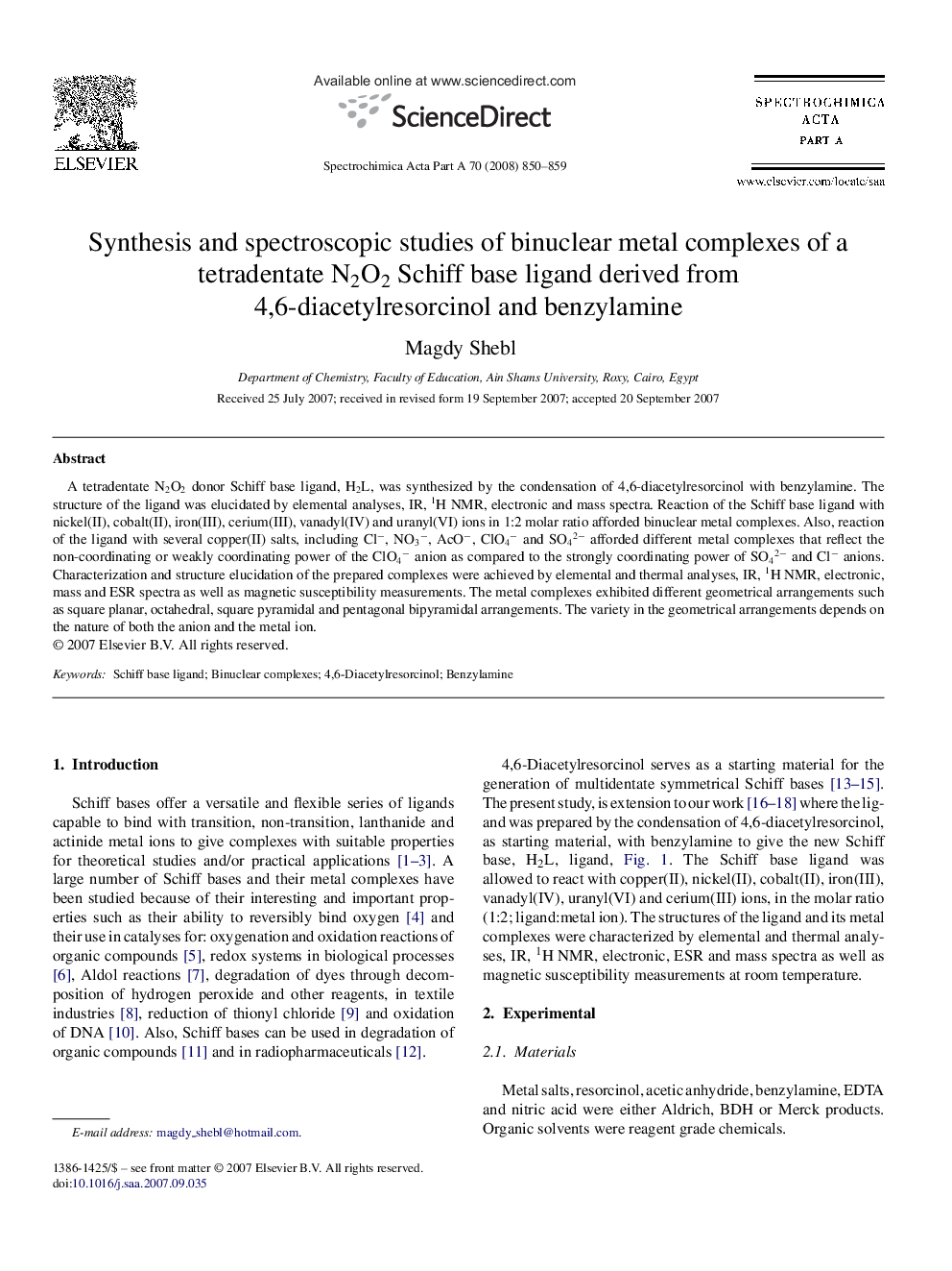 Synthesis and spectroscopic studies of binuclear metal complexes of a tetradentate N2O2 Schiff base ligand derived from 4,6-diacetylresorcinol and benzylamine