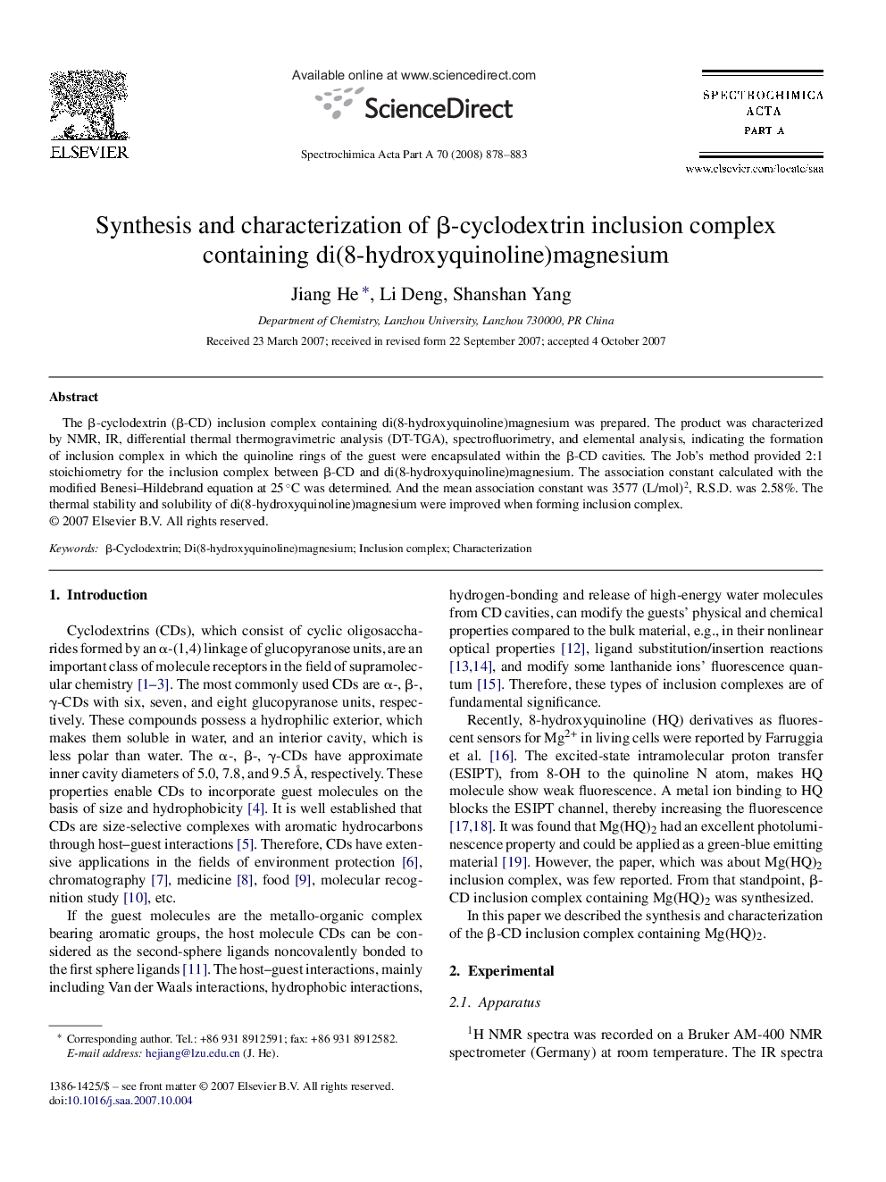 Synthesis and characterization of β-cyclodextrin inclusion complex containing di(8-hydroxyquinoline)magnesium