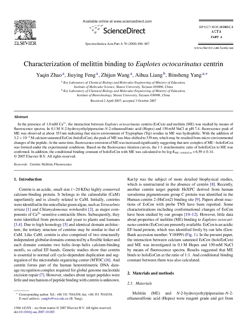 Characterization of melittin binding to Euplotes octocarinatus centrin