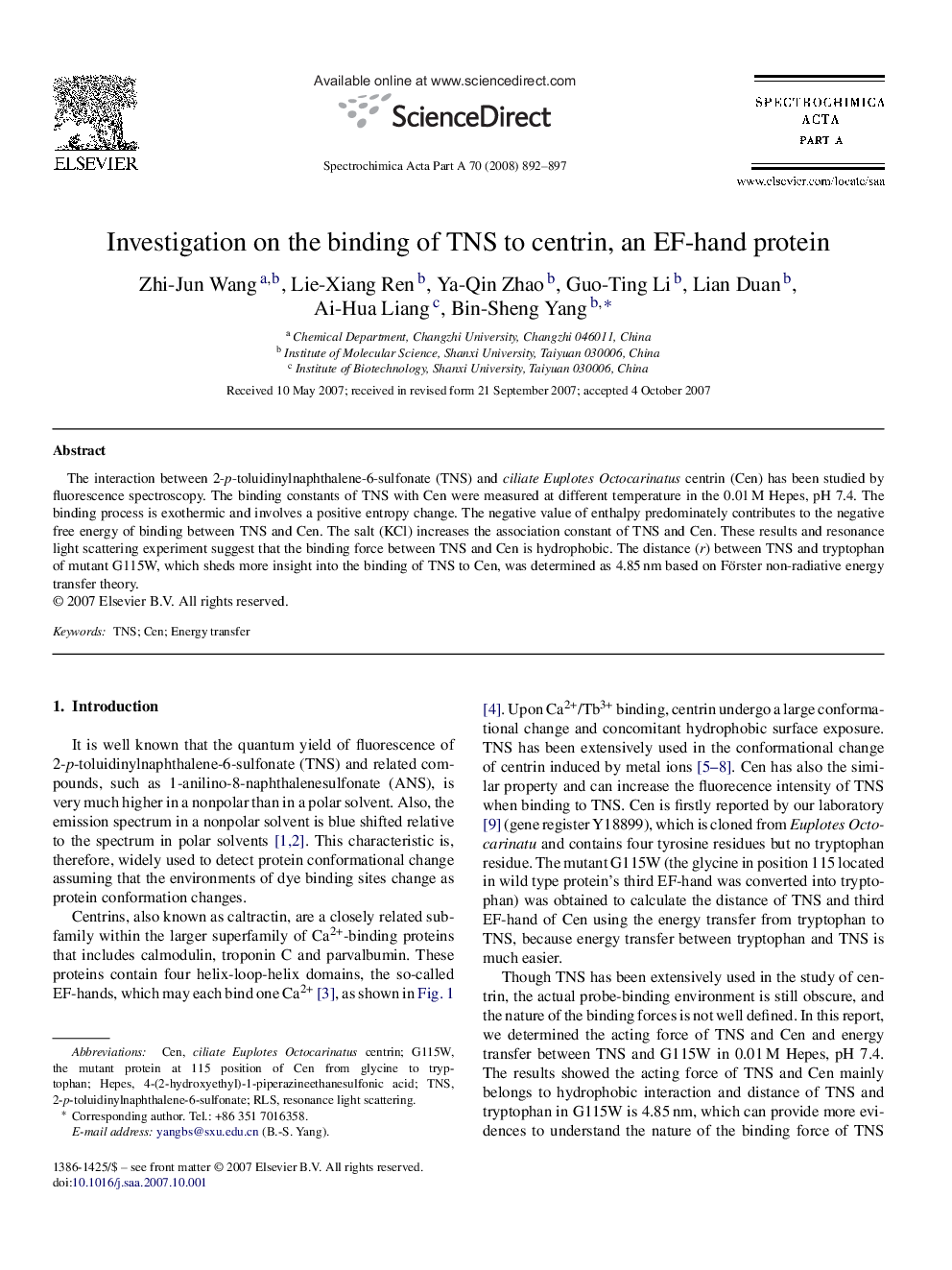 Investigation on the binding of TNS to centrin, an EF-hand protein