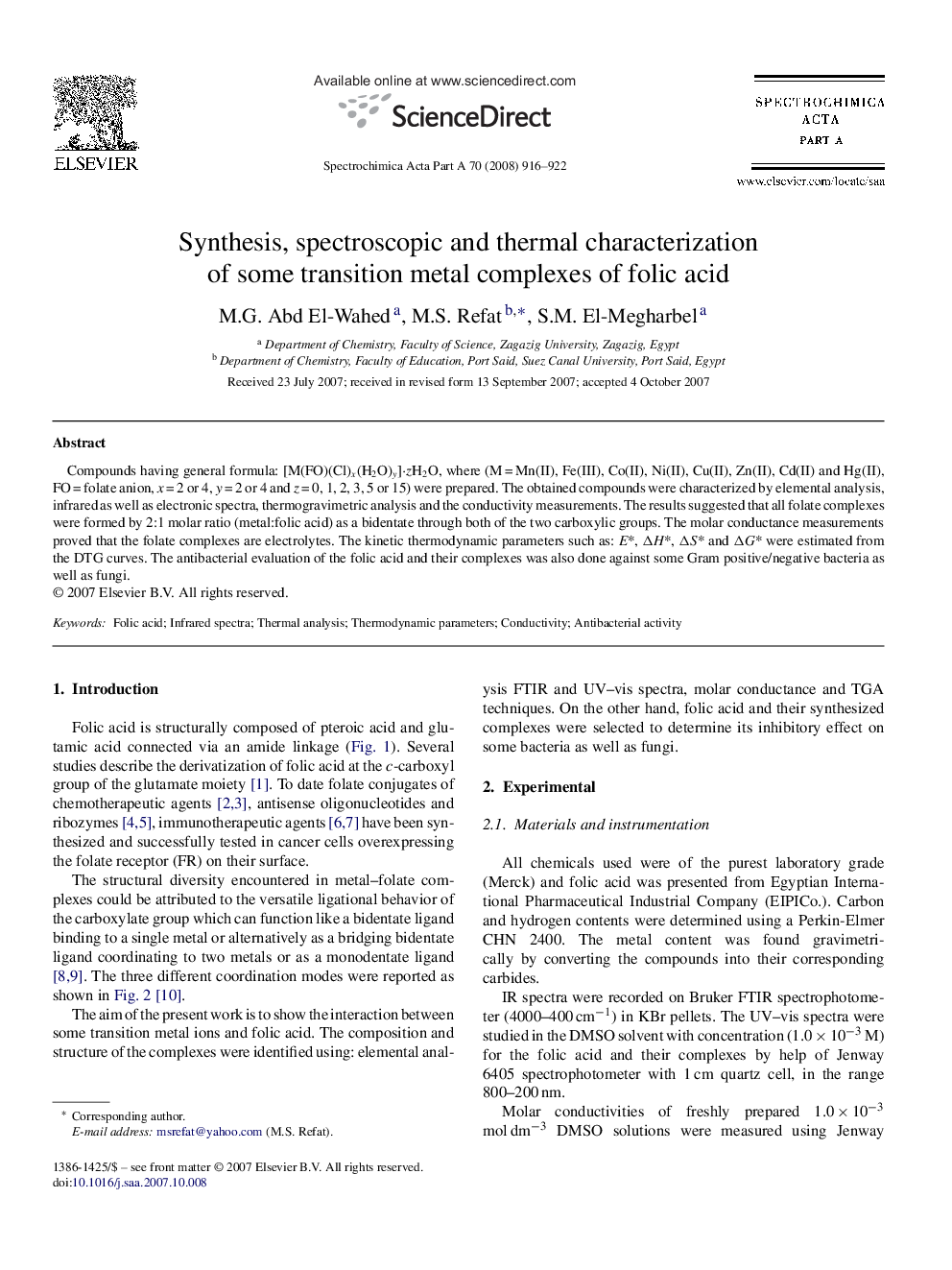 Synthesis, spectroscopic and thermal characterization of some transition metal complexes of folic acid