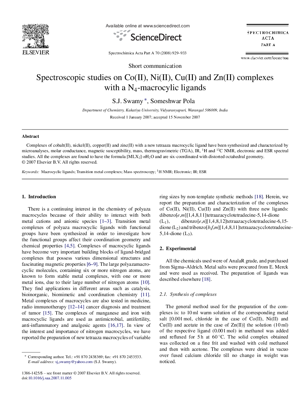 Spectroscopic studies on Co(II), Ni(II), Cu(II) and Zn(II) complexes with a N4-macrocylic ligands