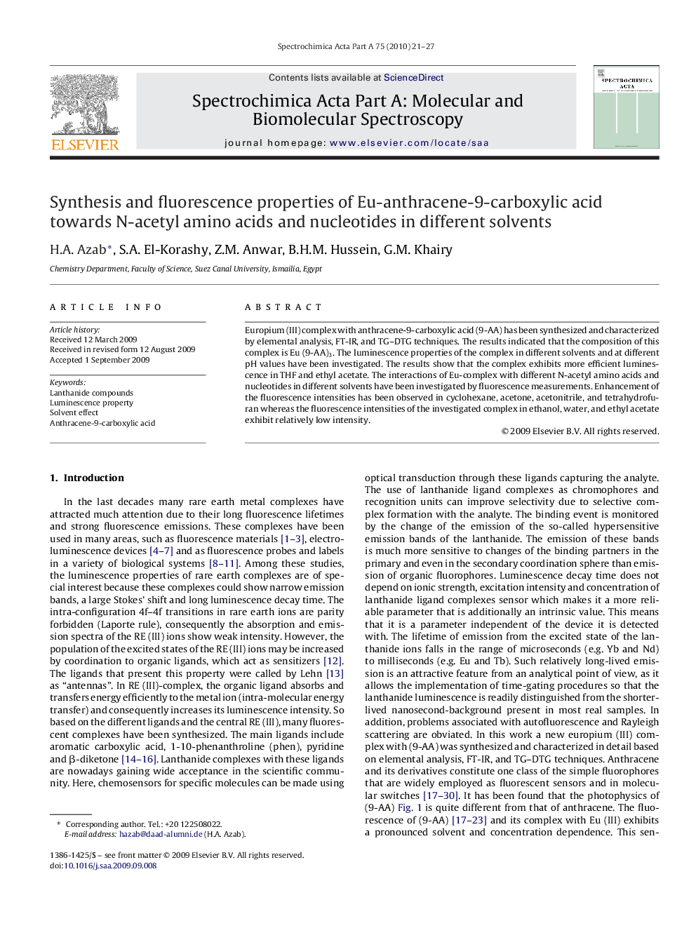 Synthesis and fluorescence properties of Eu-anthracene-9-carboxylic acid towards N-acetyl amino acids and nucleotides in different solvents