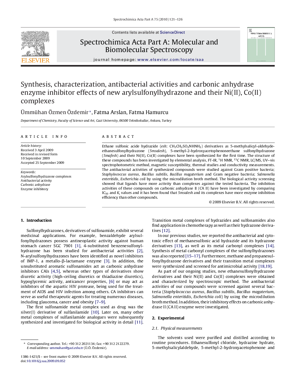 Synthesis, characterization, antibacterial activities and carbonic anhydrase enzyme inhibitor effects of new arylsulfonylhydrazone and their Ni(II), Co(II) complexes