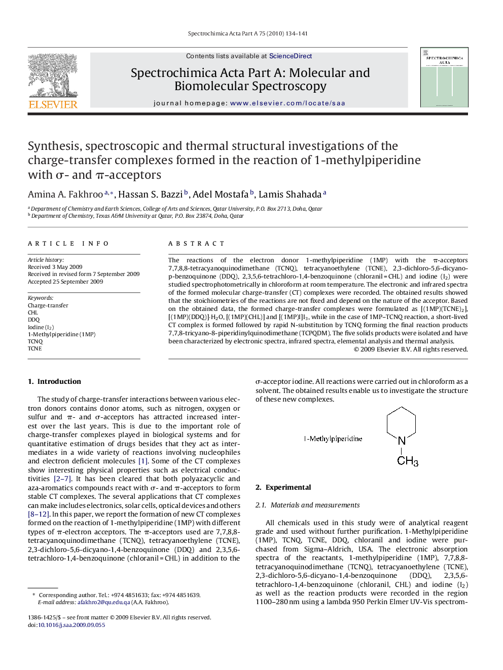 Synthesis, spectroscopic and thermal structural investigations of the charge-transfer complexes formed in the reaction of 1-methylpiperidine with σ- and π-acceptors