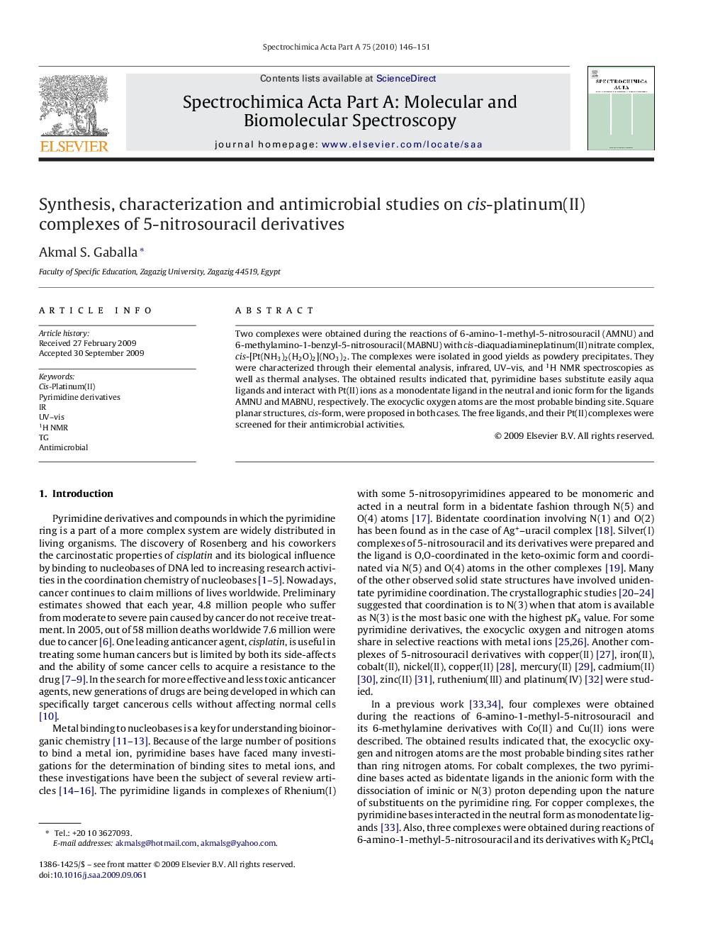 Synthesis, characterization and antimicrobial studies on cis-platinum(II) complexes of 5-nitrosouracil derivatives